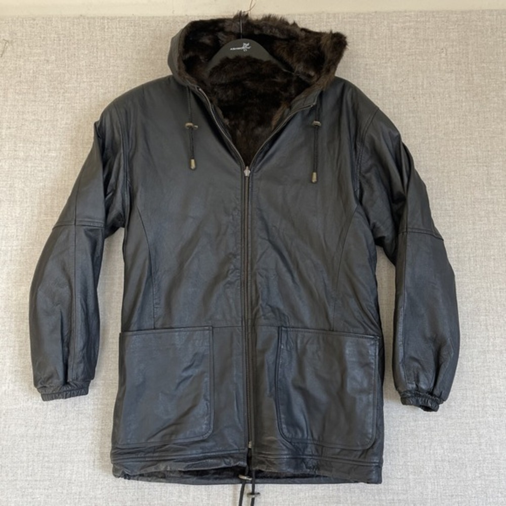AM Studio Genuine Leather Reversible Jacket Women's S‎ Black Brown Faux Fur Hood